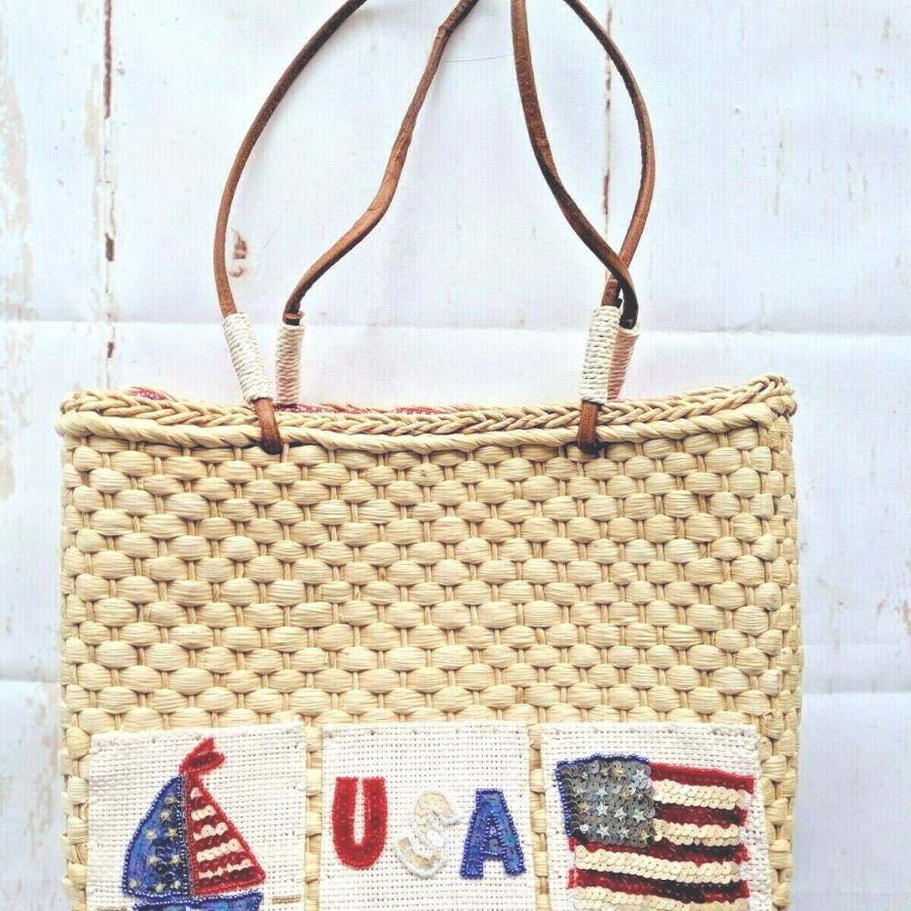 Patriotic Fourth Of July USA Flag Straw Bag Leather Handles Beach EUC